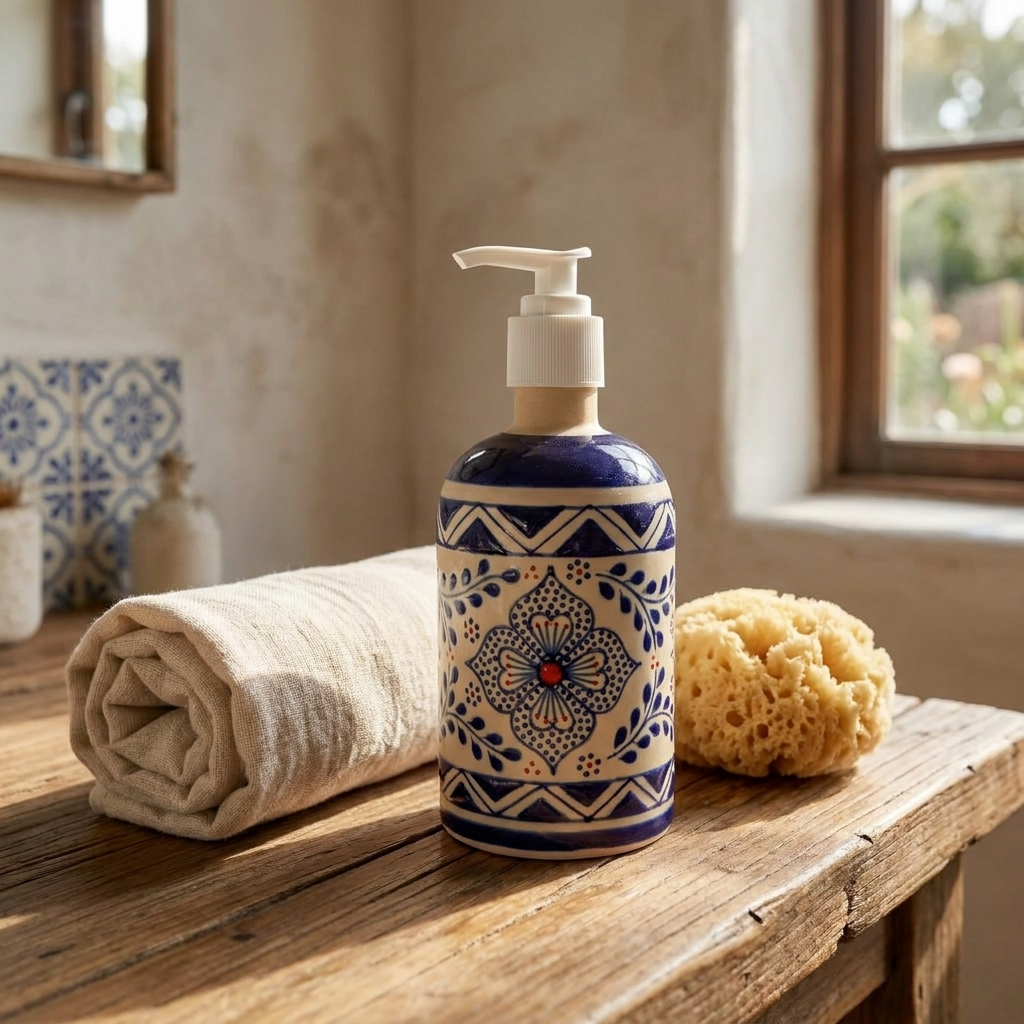 Handmade Mexican ceramic soap dispenser with stoneware floral design