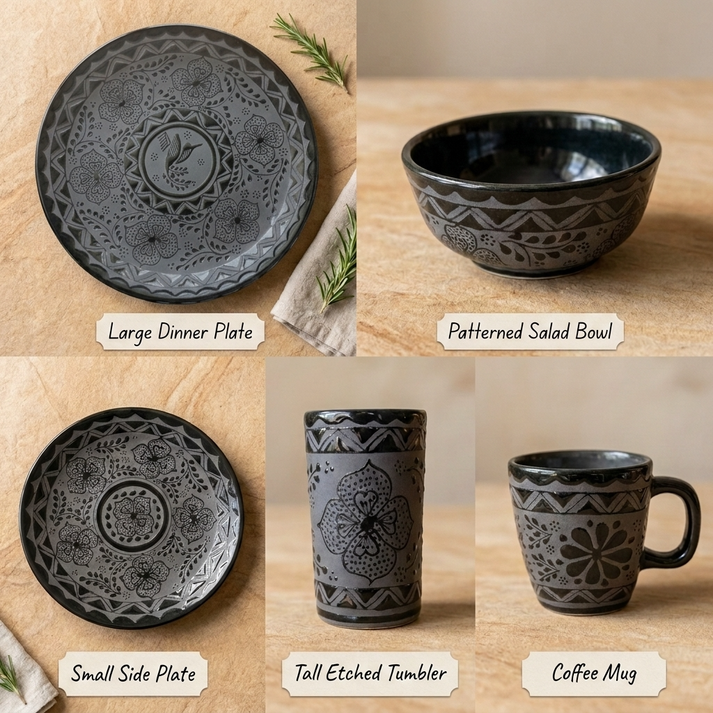 Rustic black stoneware plates and bowl stacked, artisan Mexican tableware