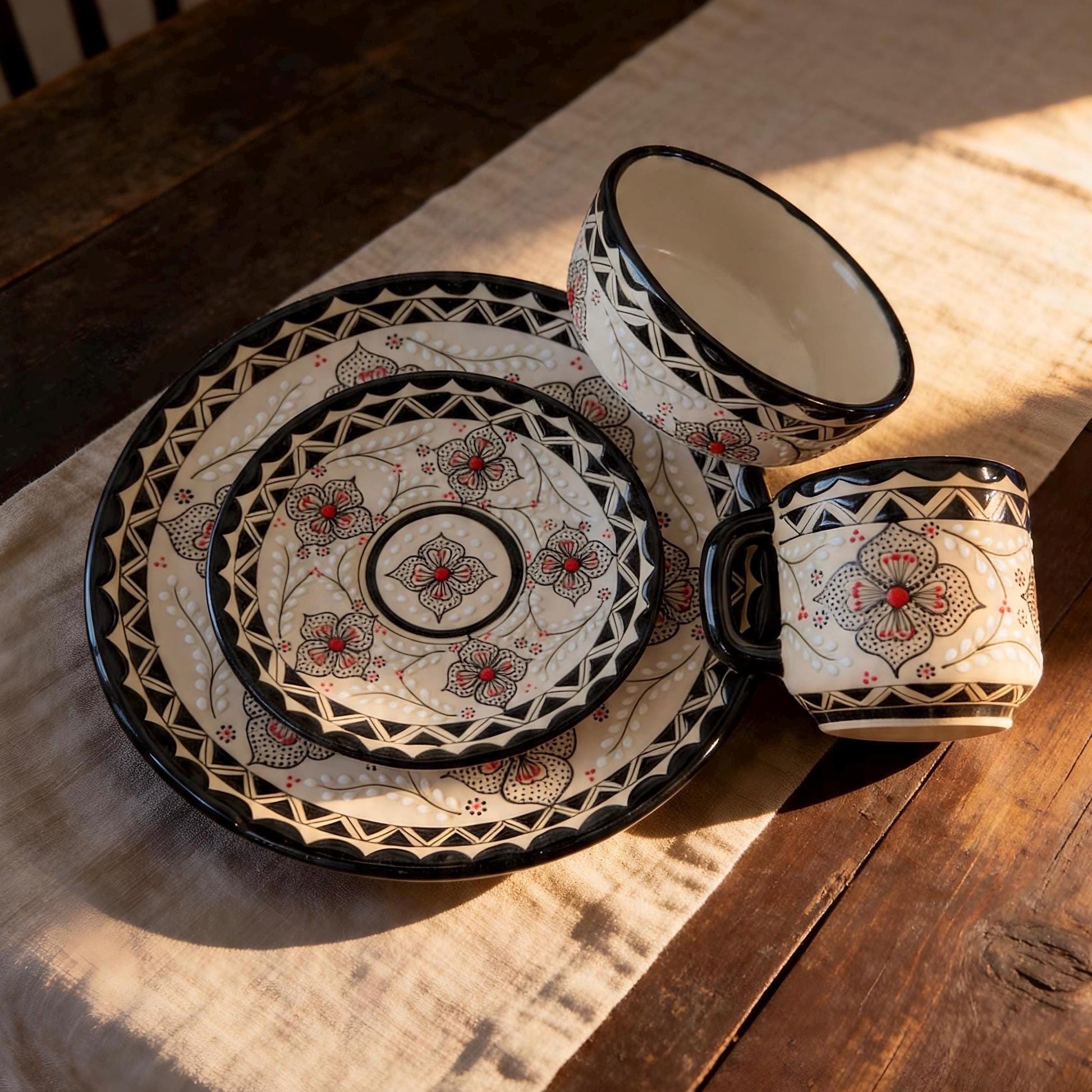 Handmade Stoneware Dinnerware Set 4-Piece - Mexican Pottery
