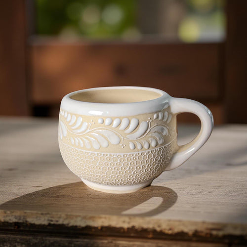 Handmade stoneware mug 14 oz with floral design, Mexican pottery
