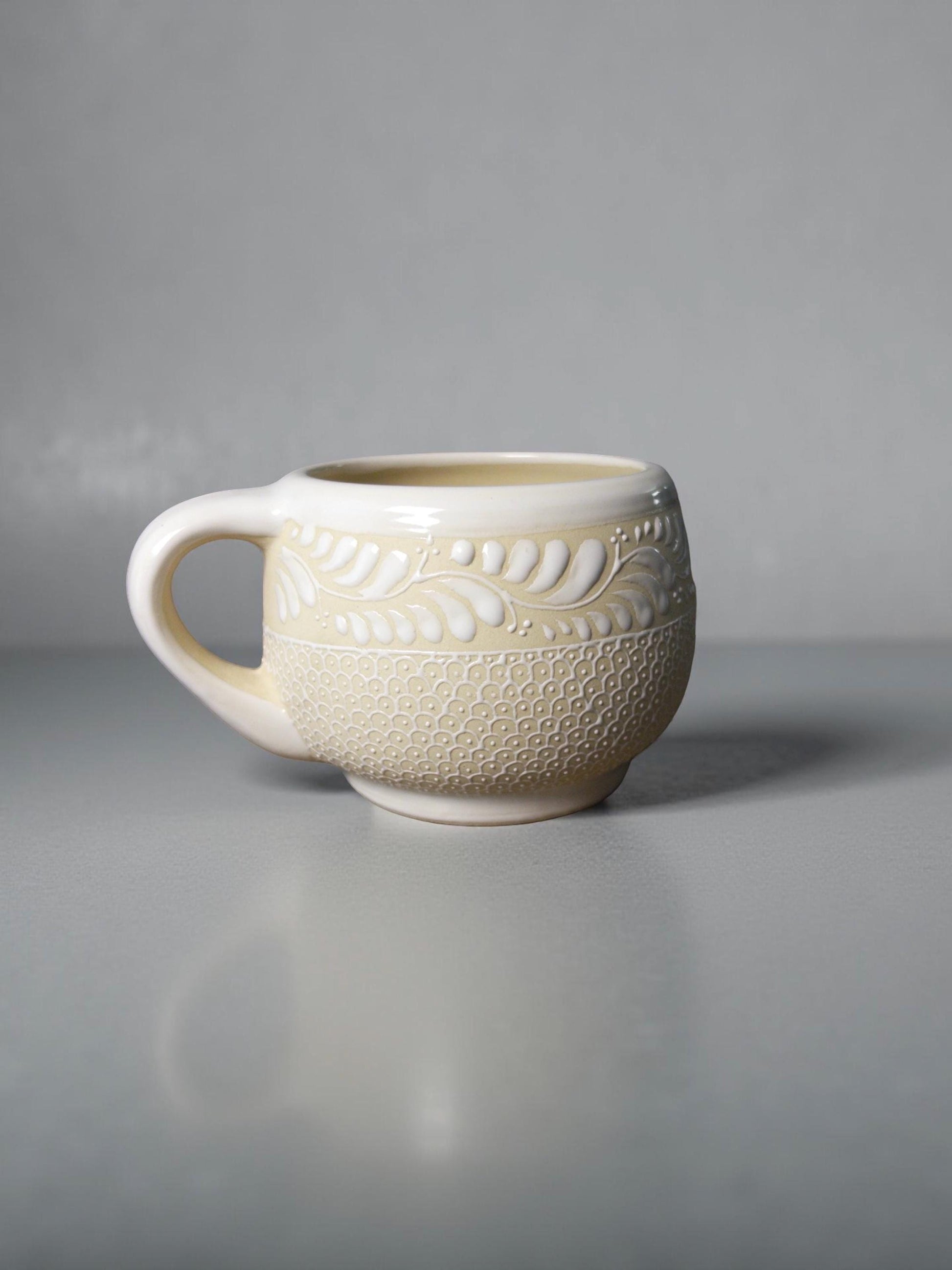 Artisan stoneware floral mug, unique handcrafted Mexican ceramic