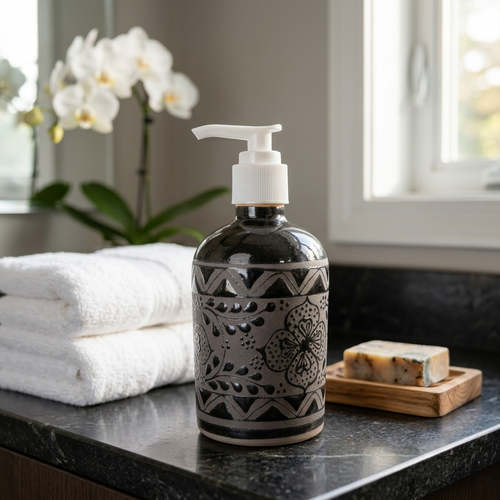 Handmade stoneware ceramic soap dispenser with floral design, Mexican pottery