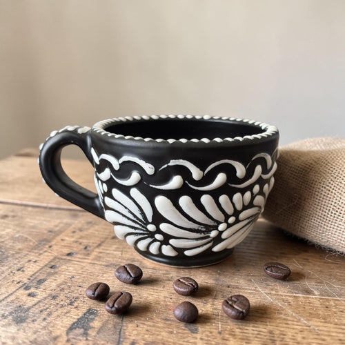 Black Talavera coffee mug 10 oz handmade in Puebla Mexico