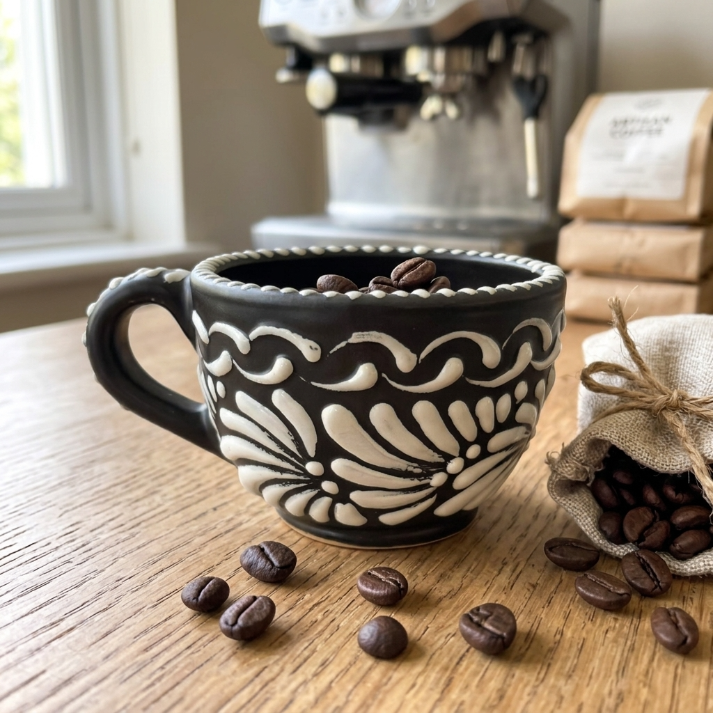 Black Talavera coffee mug 10 oz handmade in Puebla Mexico