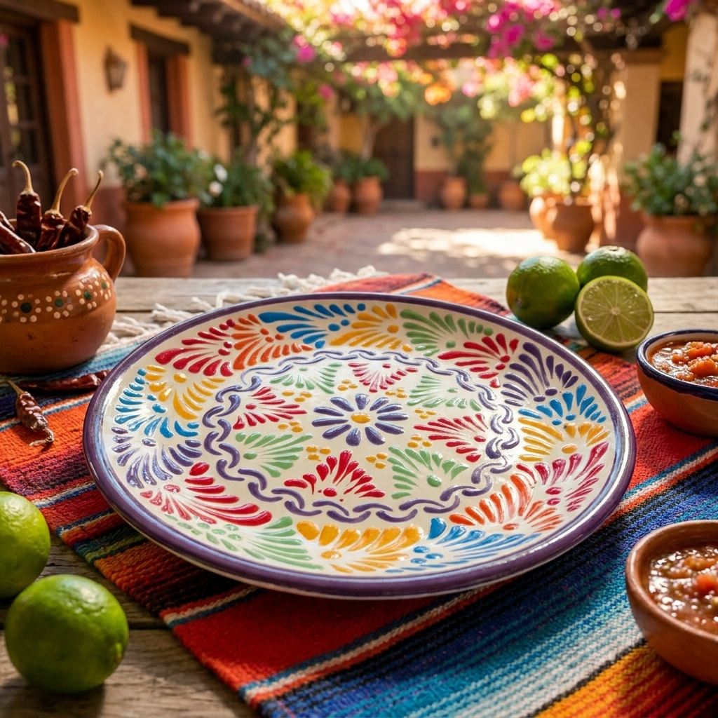 handmade multicolor talavera plate with a floral and geometric design