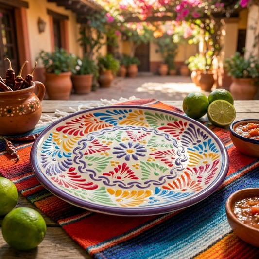 handmade multicolor talavera plate with a floral and geometric design
