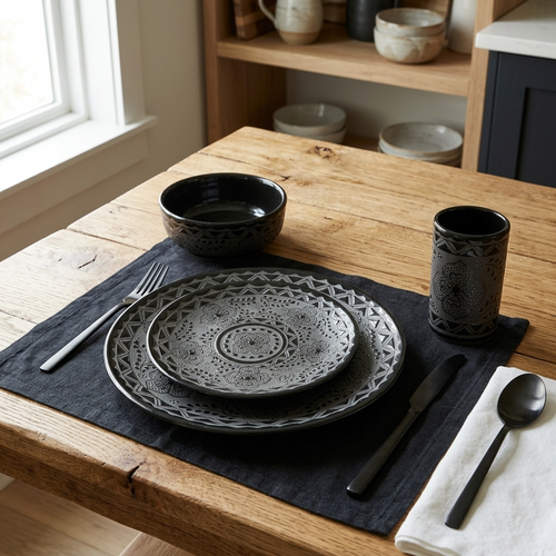 Black stoneware place setting with dessert plate and cup, handmade Mexican pottery gift