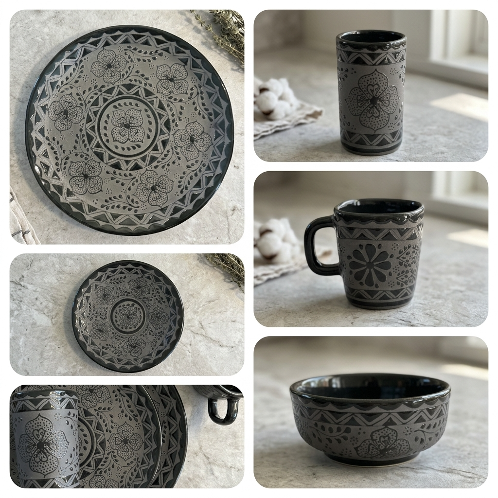 Glossy black stoneware dinner plate handmade in Mexico, food-safe glaze detail