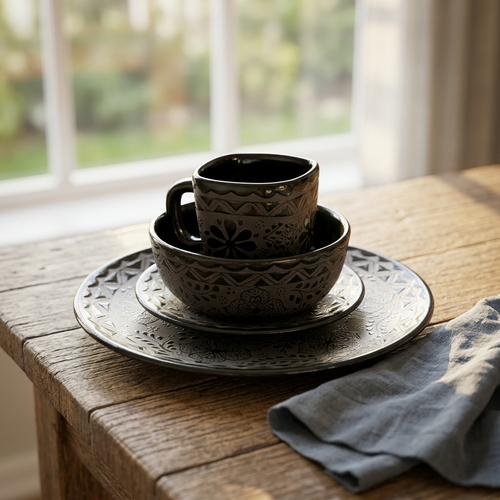 Handmade black stoneware tumbler and mug, lead-free Mexican pottery drinkware