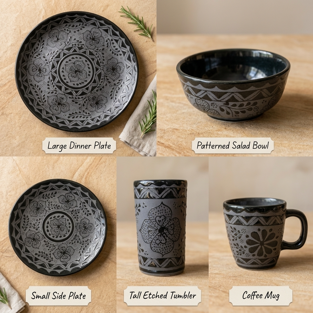 Rustic black stoneware plates and bowl stacked, artisan Mexican tableware