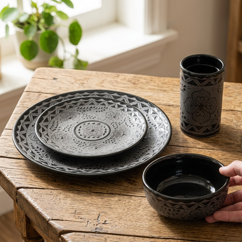 Black stoneware 4-piece place setting with dinner plate, dessert plate, bowl and cup, handmade Mexican pottery