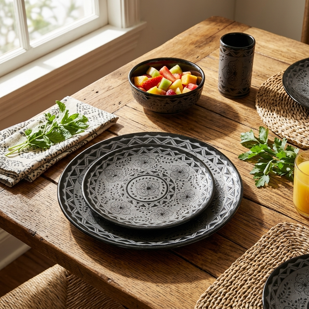 Handmade black stoneware dinner plate and dessert plate, glossy Mexican pottery place setting