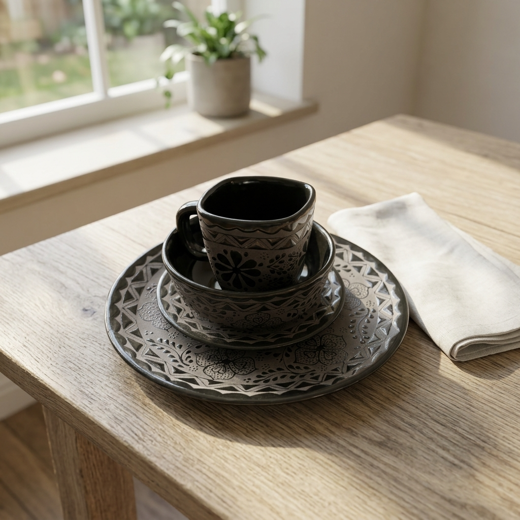 Black stoneware serving bowl with hand-painted detail, handmade Mexican dinnerware