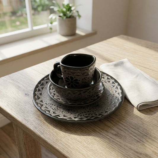 Black stoneware serving bowl with hand-painted detail, handmade Mexican dinnerware
