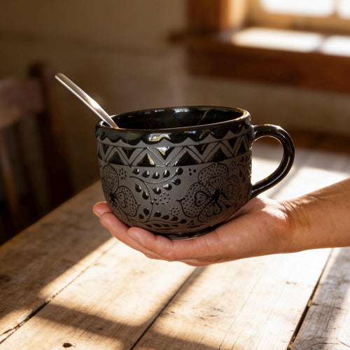 Large Black Stoneware Soup Mug 22 oz - Handmade Mexican Pottery