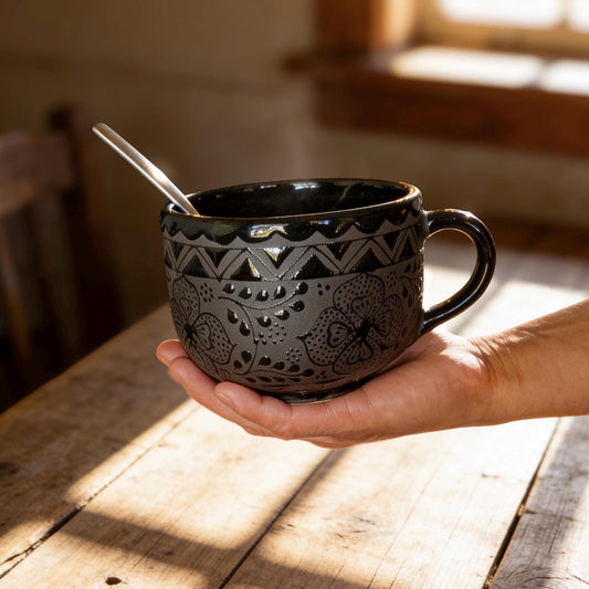 Large Black Stoneware Soup Mug 22 oz - Handmade Mexican Pottery