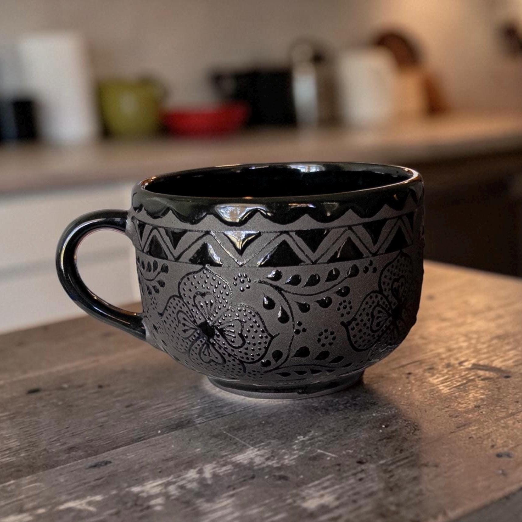 Large black soup mug 22 oz with handle - handmade stoneware