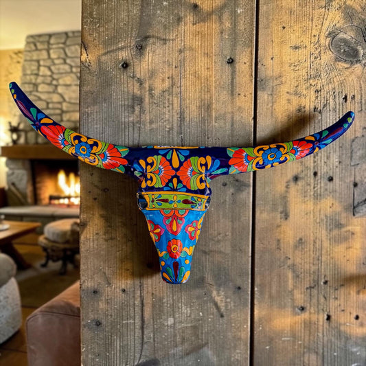 Large longhorn skull Talavera wall decor hand-painted detail