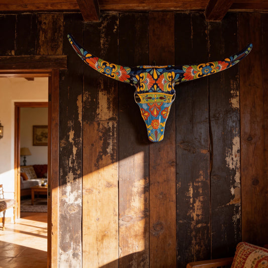 Hand-painted longhorn skull Mexican pottery side view