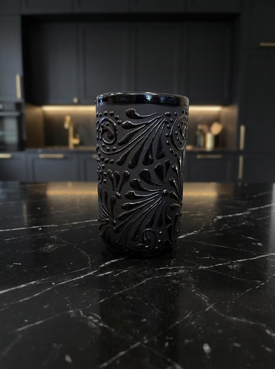 Lead-free black Talavera ceramic drinking cup from Mexico