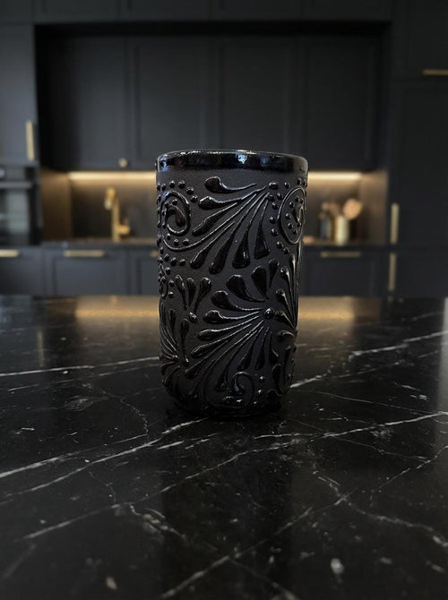 Lead-free black Talavera ceramic drinking cup from Mexico