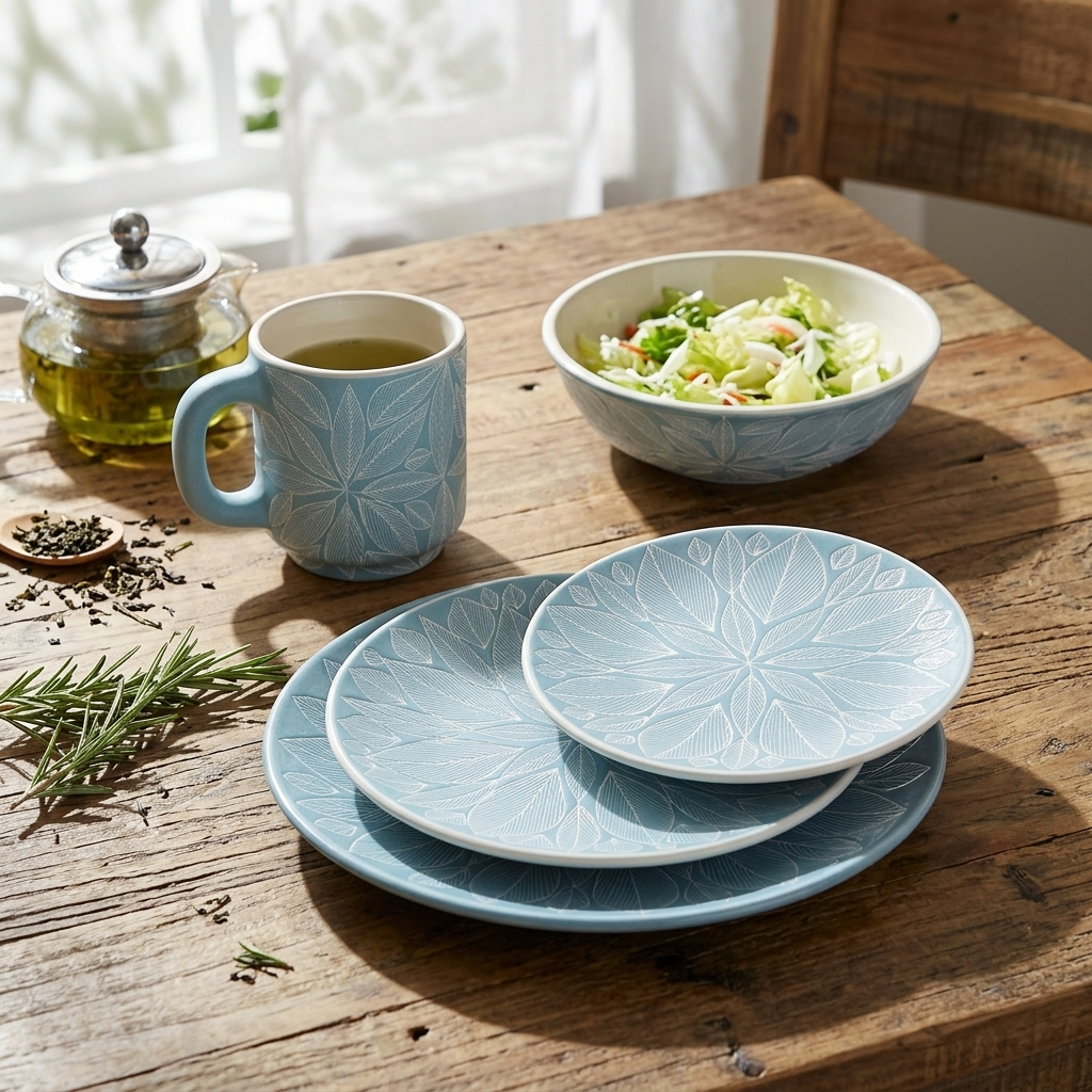  Light blue handmade ceramic dinner set with leaf motif from Mexico
