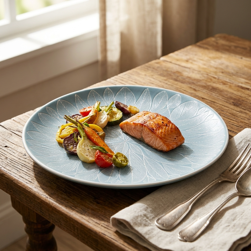 Light blue stoneware dinner plate with leaf design, handmade Mexican ceramic