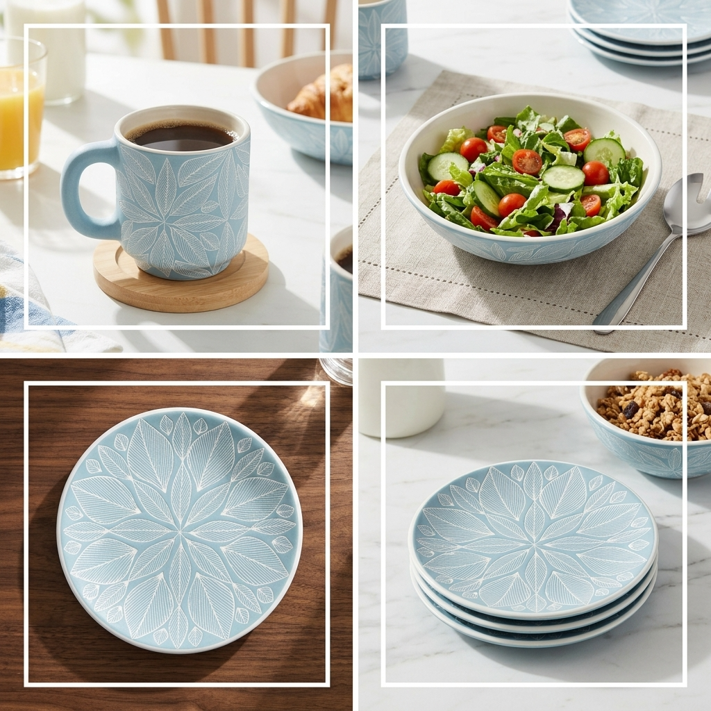 Light blue stoneware dinnerware set handmade by Mexican artisans
