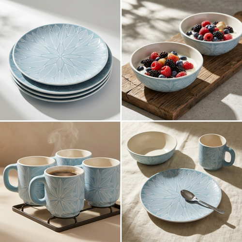 Light blue handmade stoneware dinnerware set collage, artisan Mexican pottery