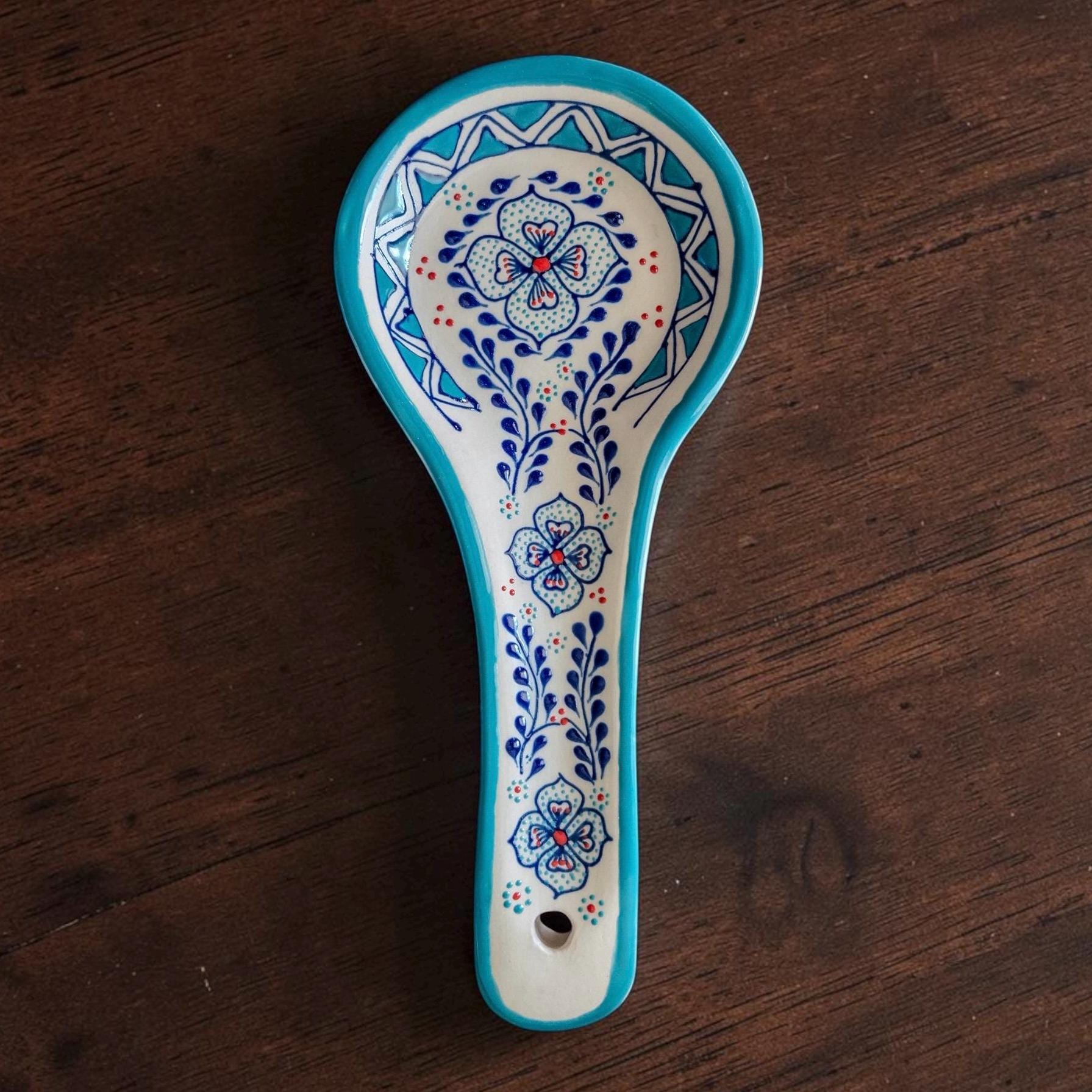 Light blue stoneware spoon rest - handmade Mexican pottery utensil holder