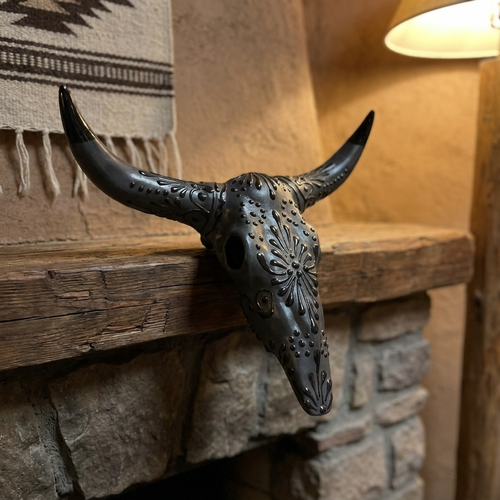 Longhorn skull Talavera wall decor detail - Mexican folk art