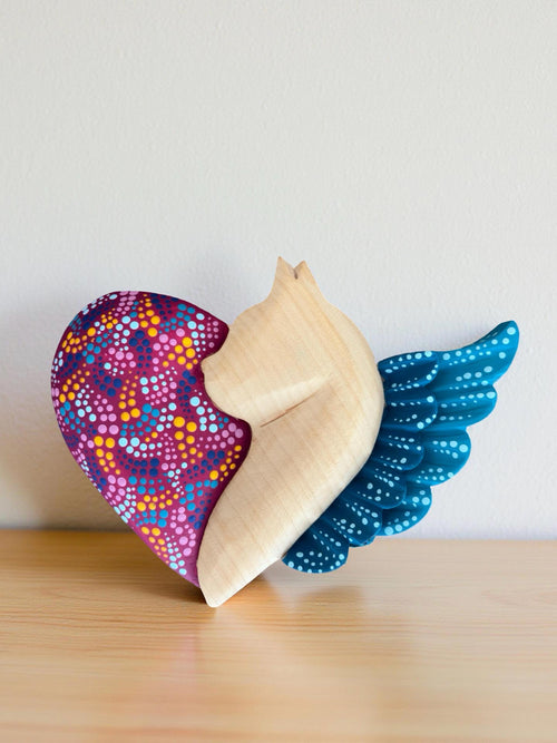 Magenta wood cat heart wall art, handcarved Mexican folk art