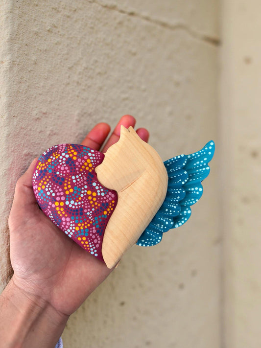 Magenta wood cat heart wall art, handcarved Mexican folk art