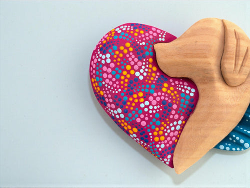 Magenta wood dog heart wall art, handcarved Mexican folk art