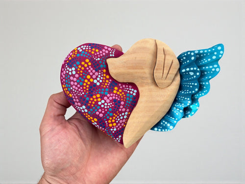 Magenta wood dog heart wall art, handcarved Mexican folk art
