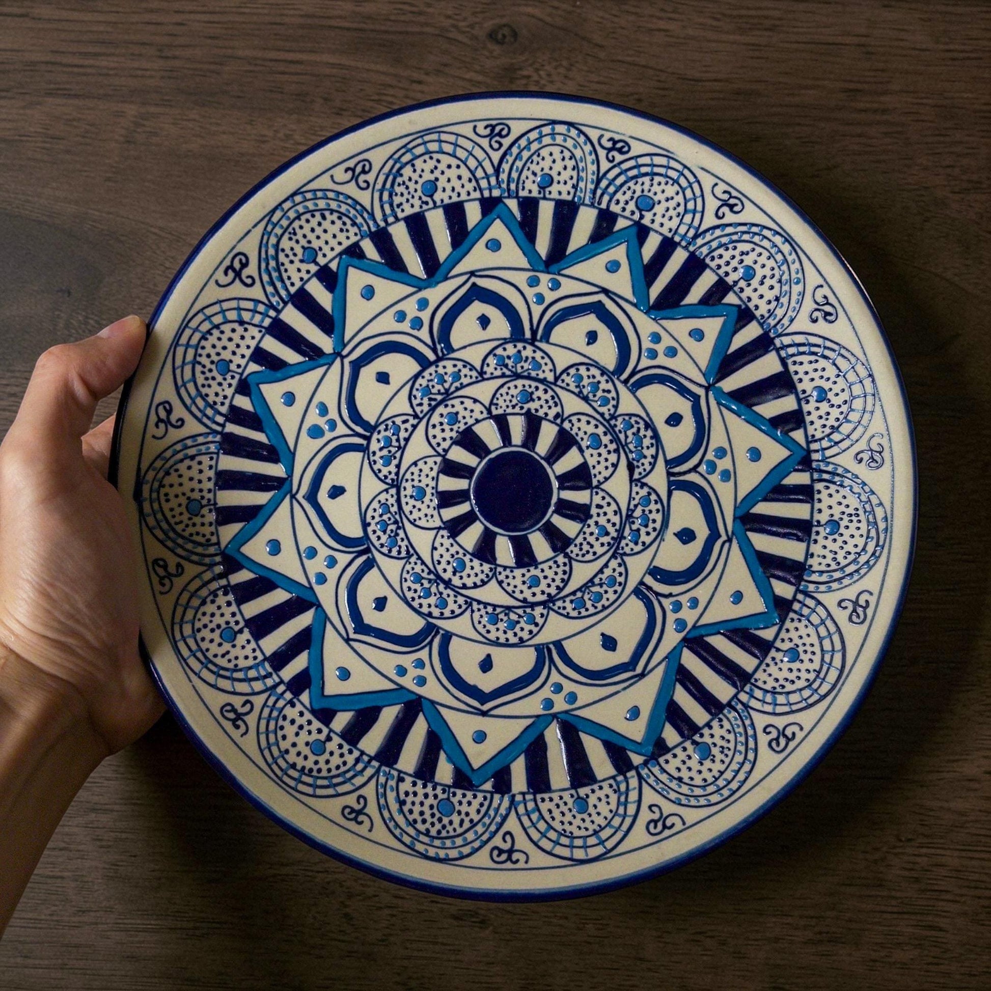 Mandala stoneware dinner plate top view handmade