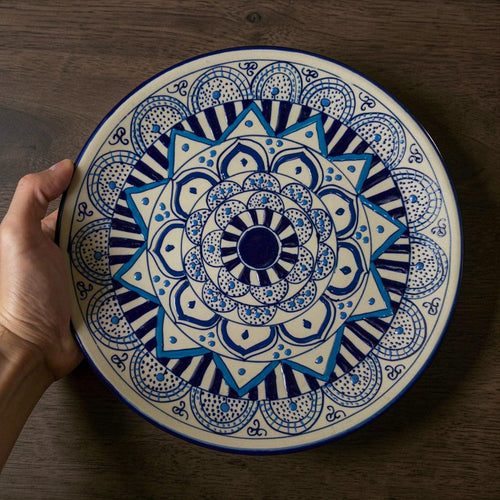 Mandala stoneware dinner plate top view handmade