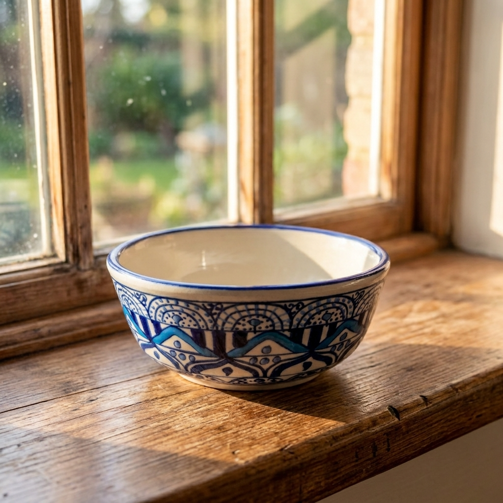 Mandala stoneware serving bowl with blue design, handmade Mexican pottery