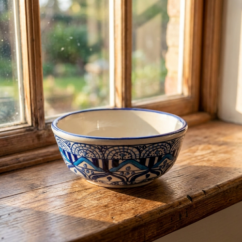 Mandala stoneware serving bowl with blue design, handmade Mexican pottery