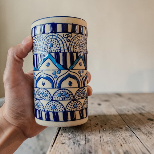 Mandala stoneware tumbler glass hand-painted detail