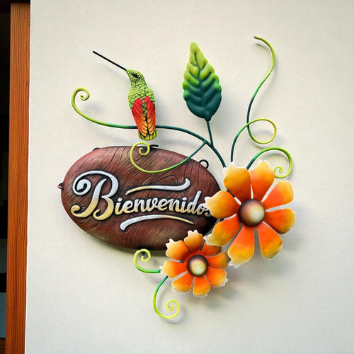 Metal Bienvenidos welcome sign, handmade Mexican wall decor