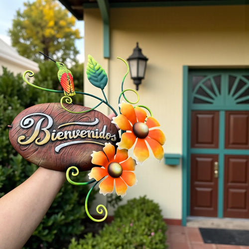 Metal Bienvenidos welcome sign side view, handmade Mexican wall art