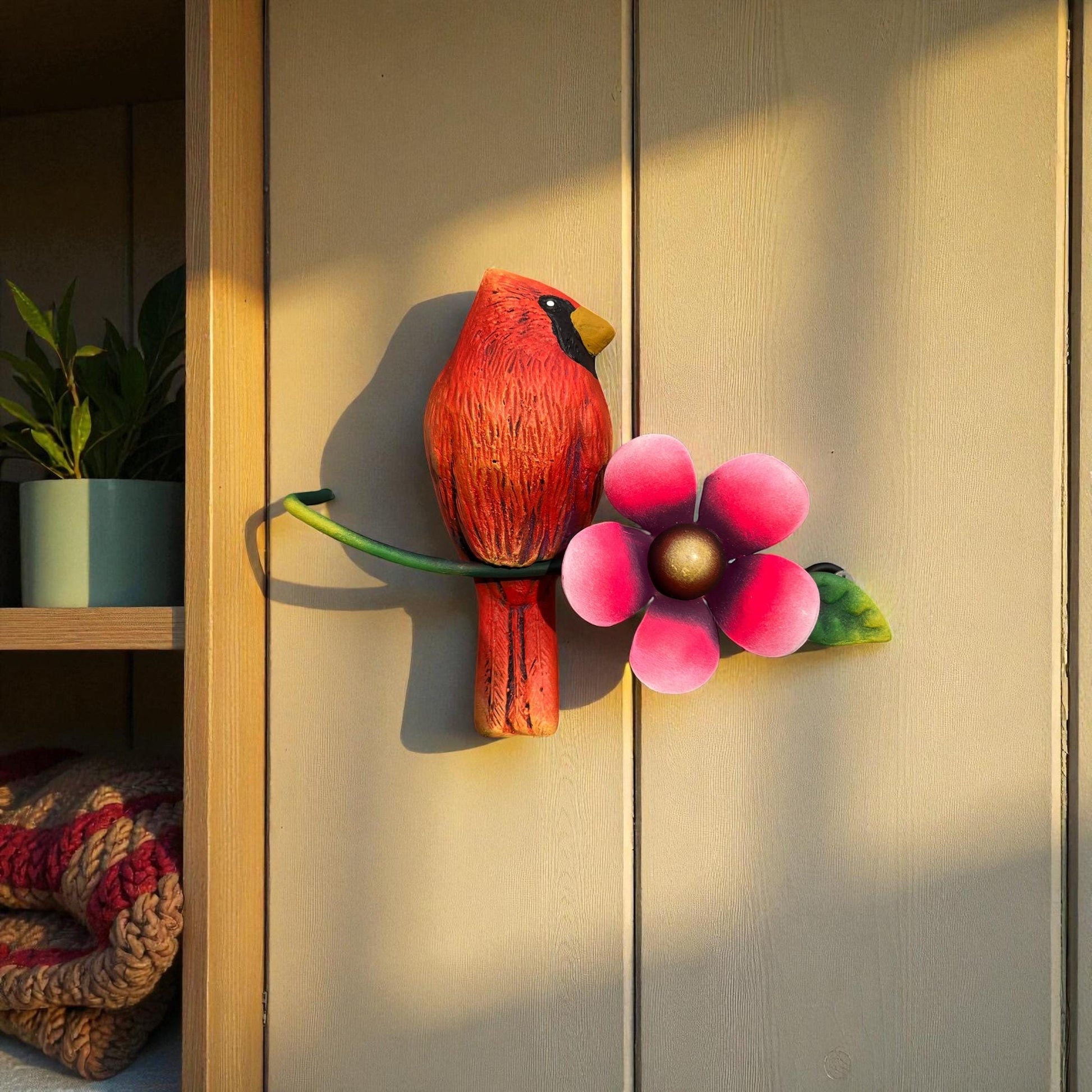 Red metal cardinal wall decor front view, handmade Mexican wall art