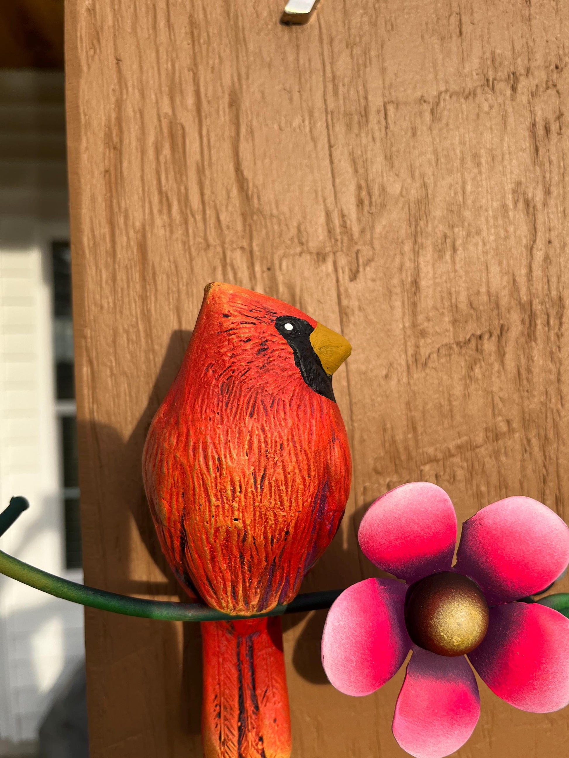 Red metal cardinal wall decor side view, handmade Mexican wall art