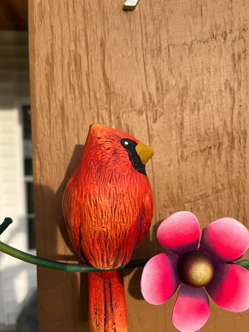 Red metal cardinal wall decor side view, handmade Mexican wall art