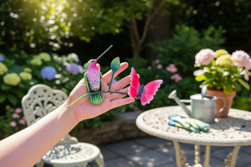 Green and pink metal hummingbird wall decor in garden, handmade Mexican wall art