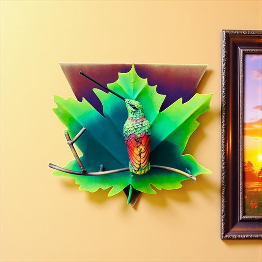 Green metal hummingbird wall art detail, handmade Mexican folk art