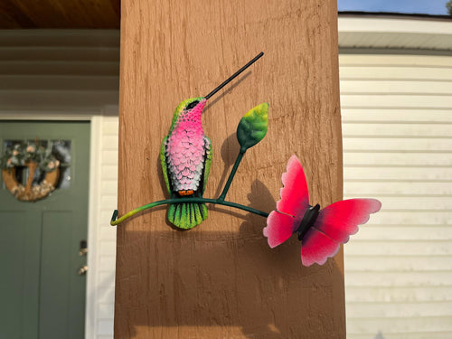Green and pink metal hummingbird wall decor with butterfly, handmade Mexican wall art