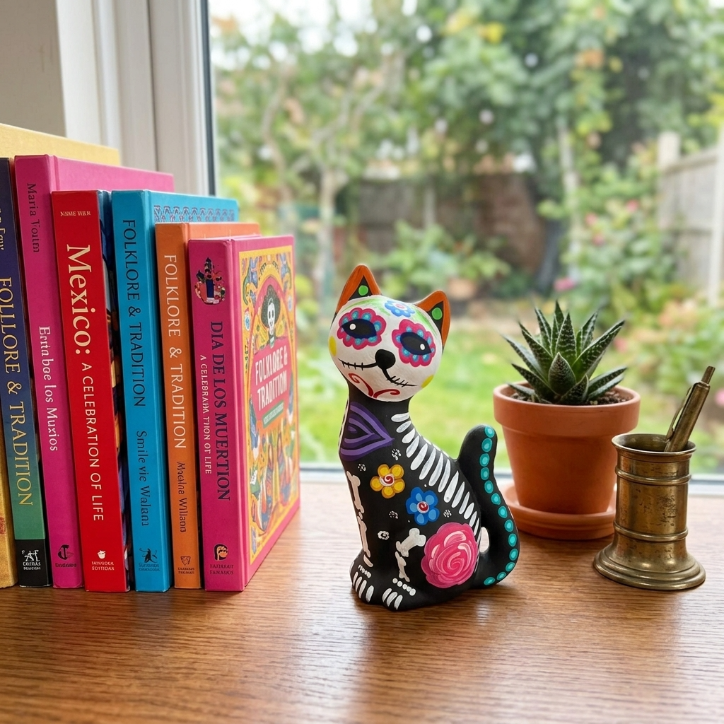 Mexican folk art cat alebrije with white skeleton bones and vivid painted flowers for Day of the Dead decor