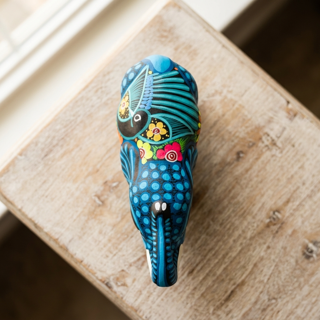Mexican folk art elephant alebrije displayed as colorful handmade home decor